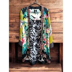 John Mark S/M Lagenlook Floral/Bird Open Kimono Tunic Embroidered Viscose